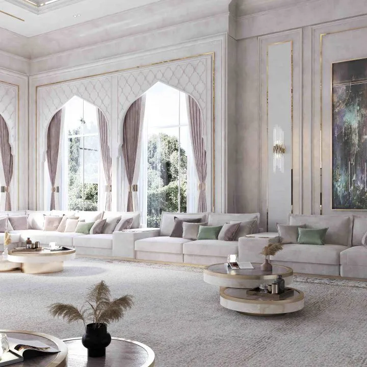 Elegant villa interior design in Ras Al Khaimah featuring beautiful white furniture and curtains, also showcasing styles for Abu Dhabi.