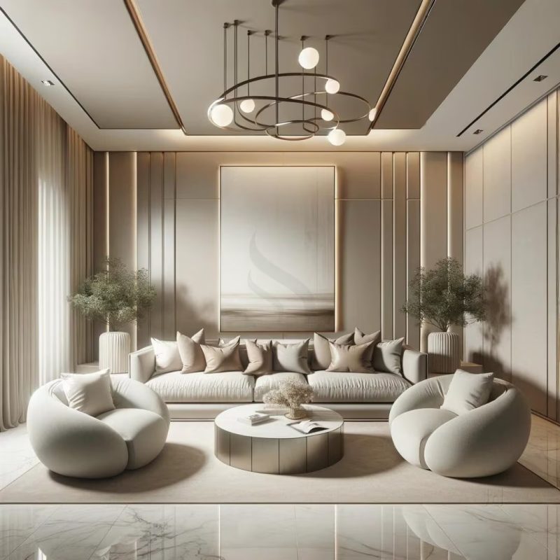 A luxurious lounge featuring elegant sofas and a stunning chandelier, complemented by a beautiful media wall, all designed in a cream and beige color scheme that showcases an antique interior design vibe