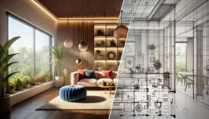 A side-by-side visual comparison of interior design and interior architecture, highlighting the differences in aesthetics, functionality, and structure.