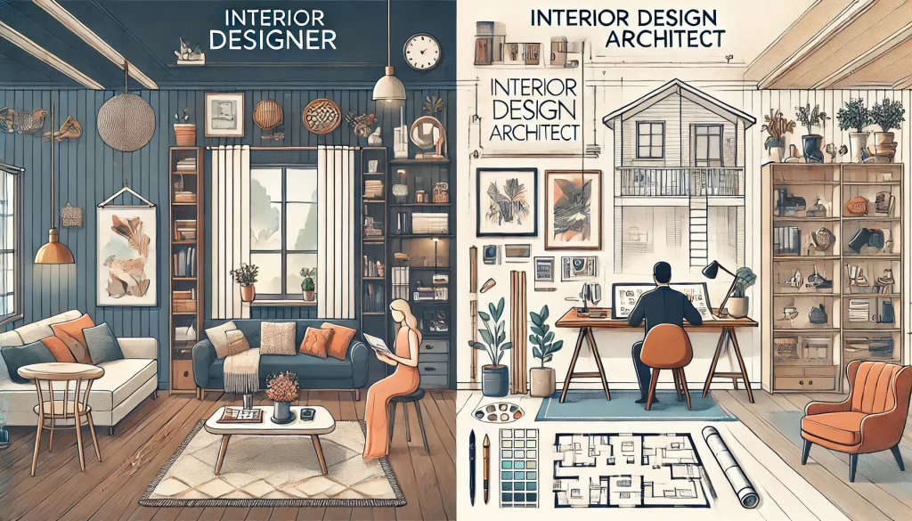 Illustration showcasing the differences between hiring an interior designer vs. an interior architect for optimal space transformation solutions.