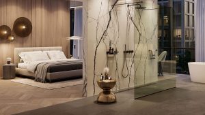 Modern Bedroom and bathroom decor incorporating mixing metals in interior design with with contrasting fixtures.