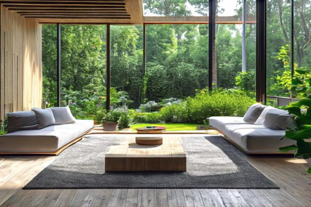 Spacious living room with glass windows, cozy sofas, and lush greenery outside, showcasing how interior design impacts mental health and mood.